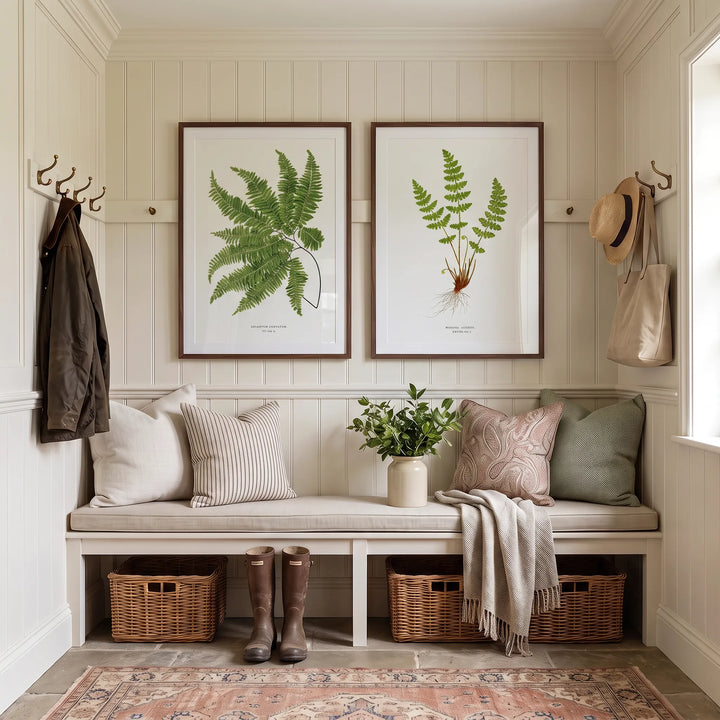 Maidenhair and Woodsia Vintage Fern Pair framed above a boot room bench