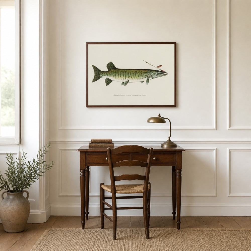 Maskalonge Vintage Fish framed in a light country home