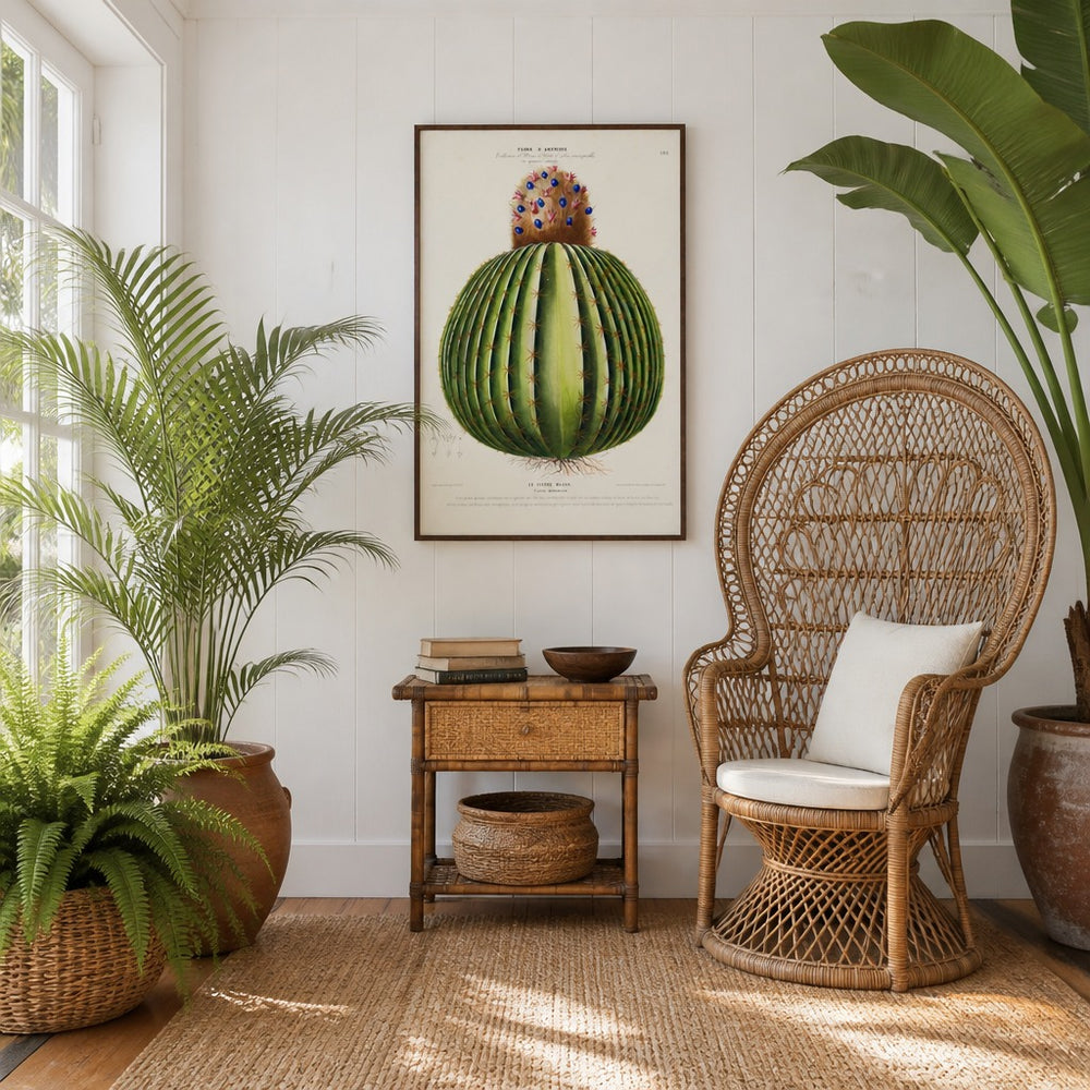 Melon Cactus Vintage Botanical Art Print in a styled room