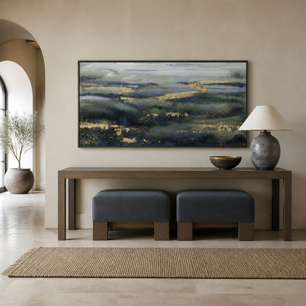 Misty Horizon Serenity Large Canvas Art above an entrance-hall console