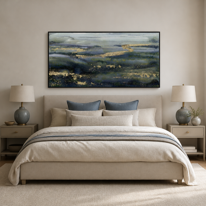 Misty Horizon Serenity Large Canvas Art above a king bed