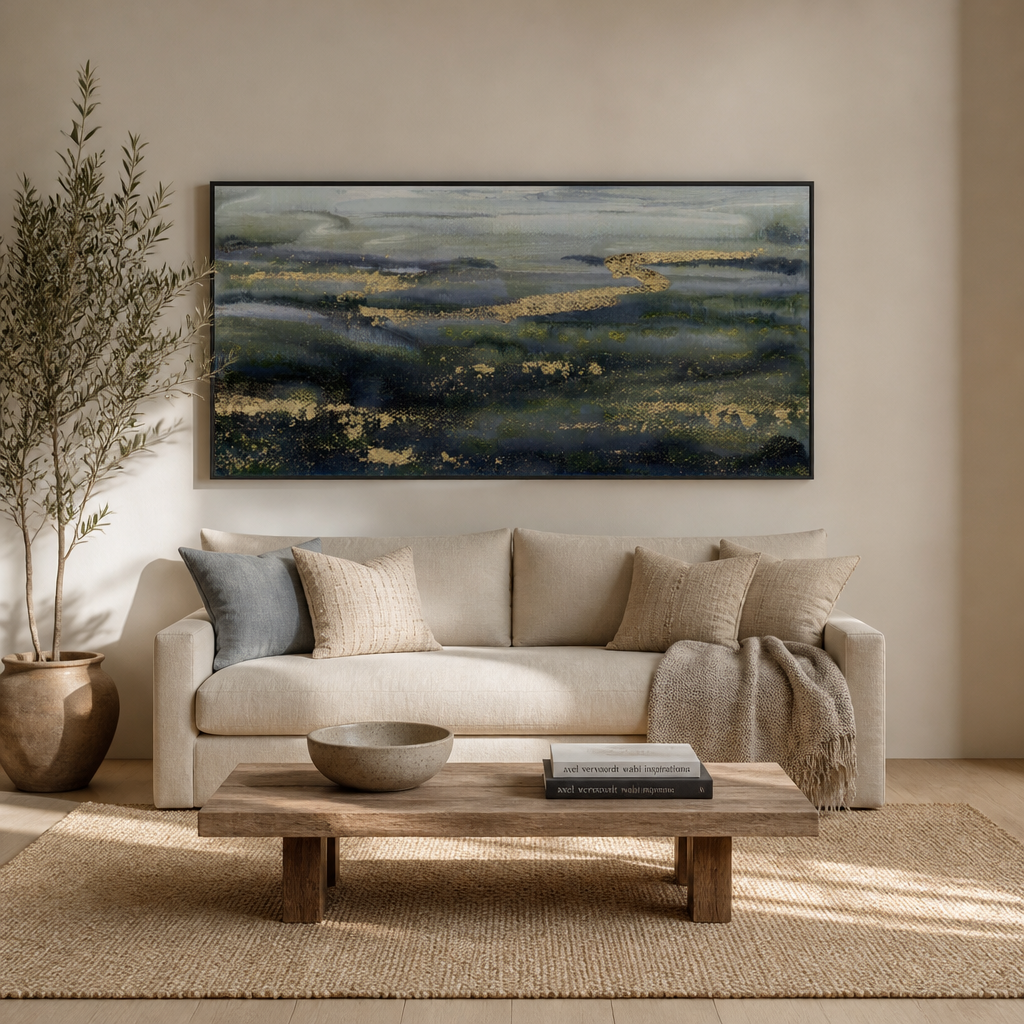 Misty Horizon Serenity Large Canvas Art above a living-room couch