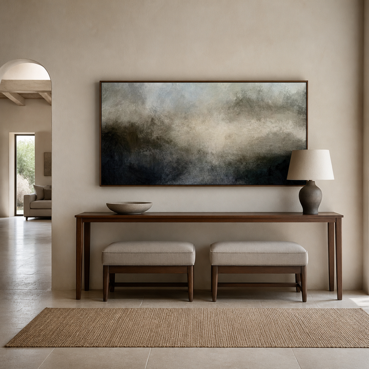 Misty Lake Serenity Large Canvas Art above an entrance-hall console