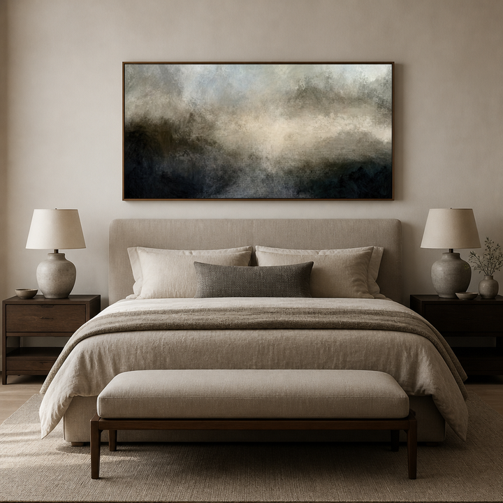 Misty Lake Serenity Large Canvas Art above a king bed