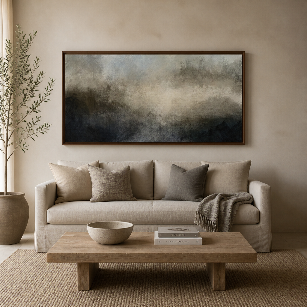 Misty Lake Serenity Large Canvas Art above a living-room couch