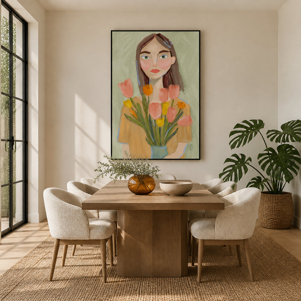 Woman with Spring Tulips Art Print room mockup
