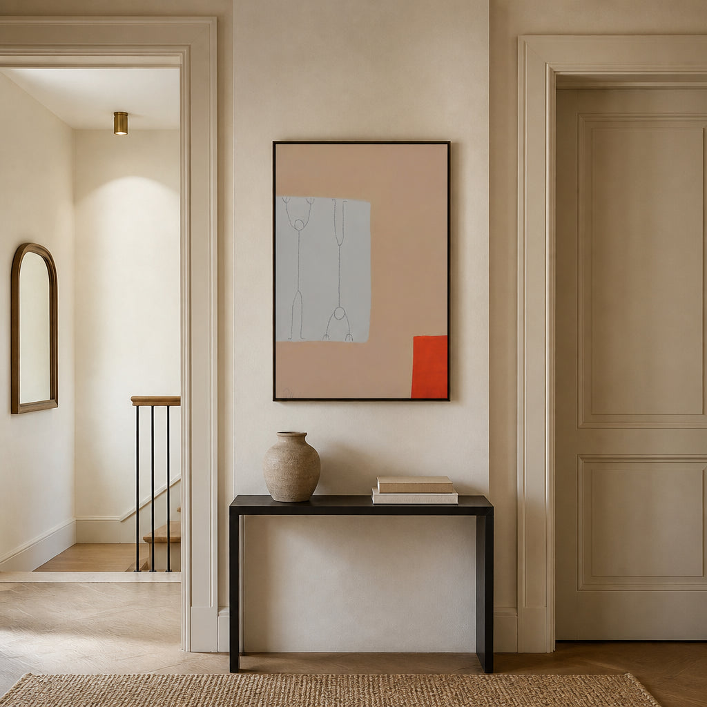 Abstract Orange Figures Art Print shown in a styled room