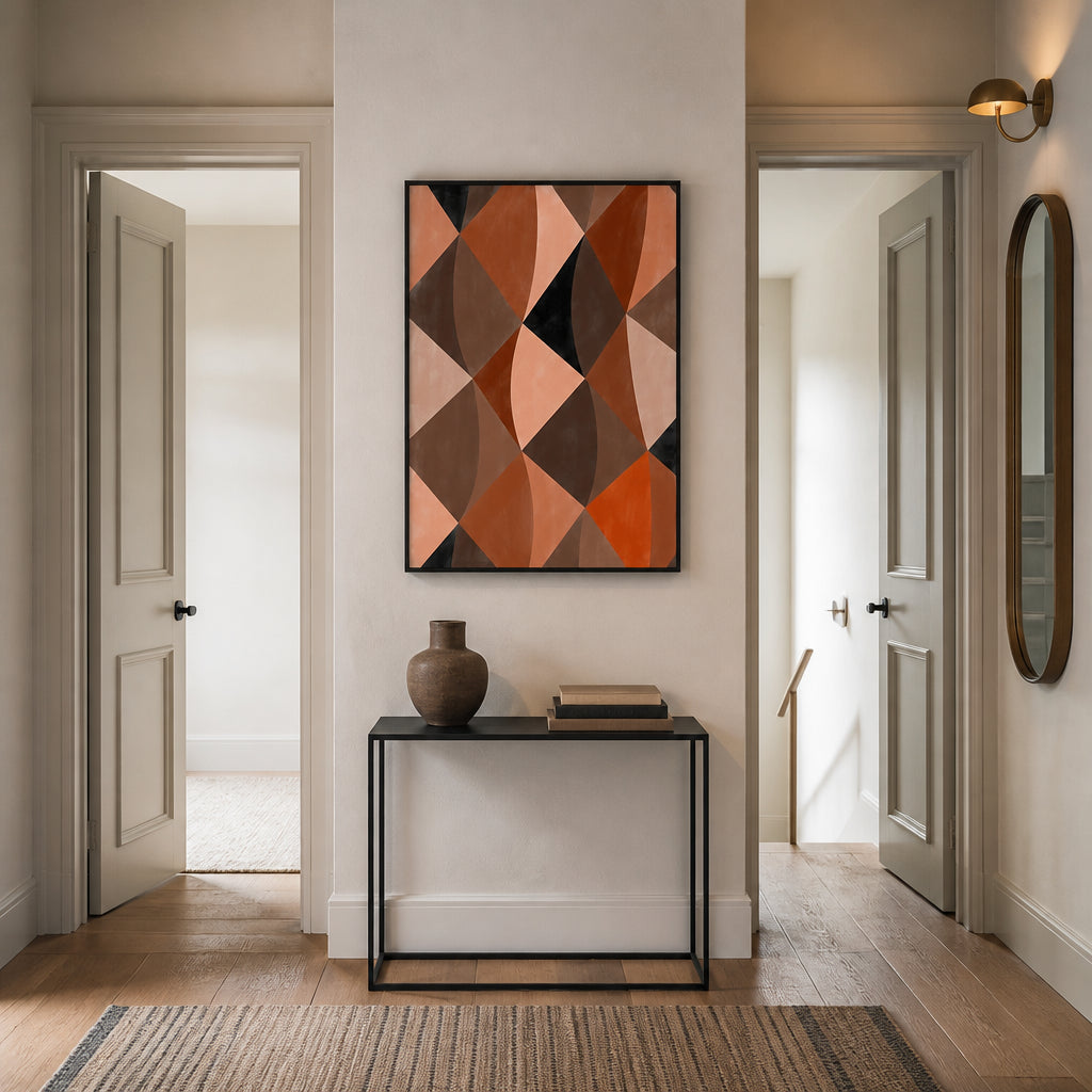 Earthy Geometric Abstraction Art Print shown in a styled room