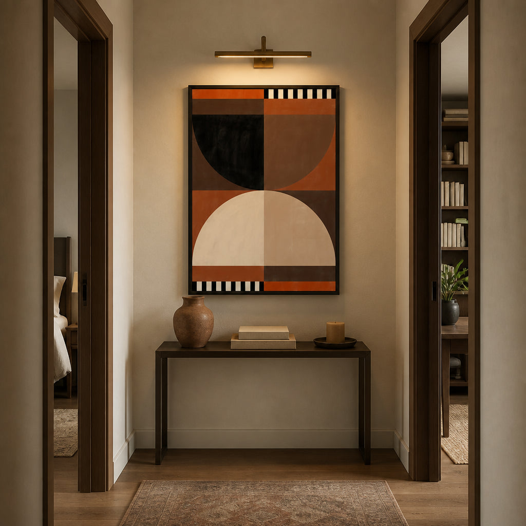 Geometric Earth Tones Art Print shown in a styled room