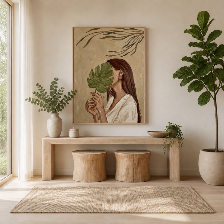 Room mockup featuring Monstera Leaf Woman Portrait Art Print