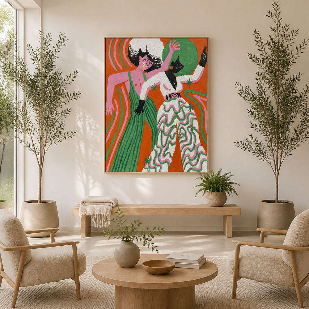 Room mockup featuring Retro Disco Dancers Art Print