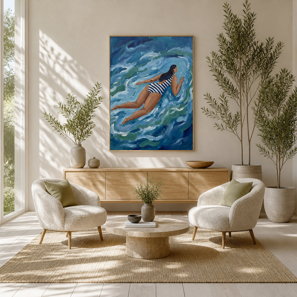 Room mockup featuring Striped Swimmer In Blue Art Print