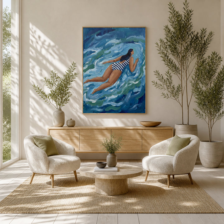 Room mockup featuring Striped Swimmer In Blue Art Print