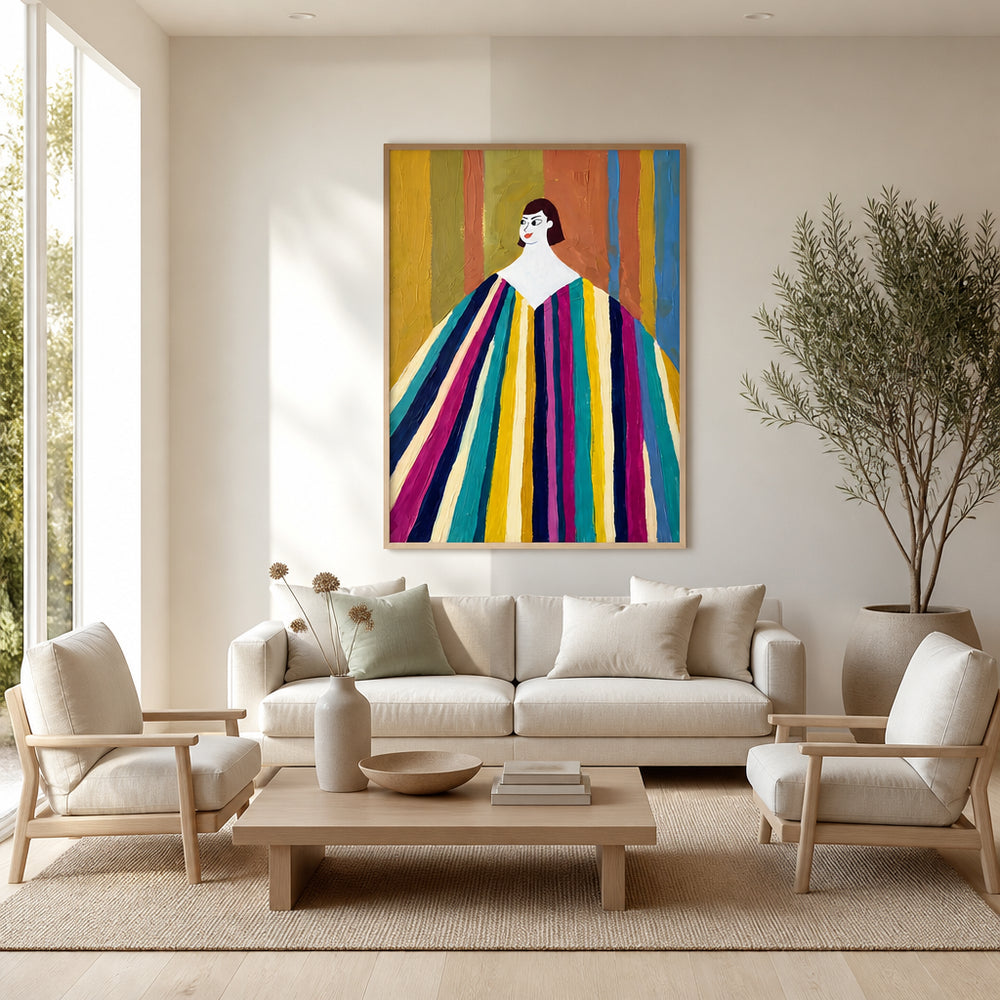 Room mockup featuring Vibrant Striped Woman Art Print