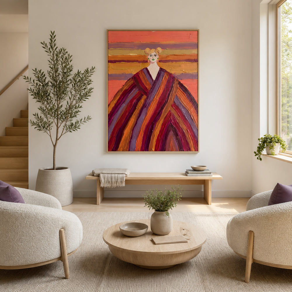 Room mockup featuring Woman in Bold Stripes Art Print