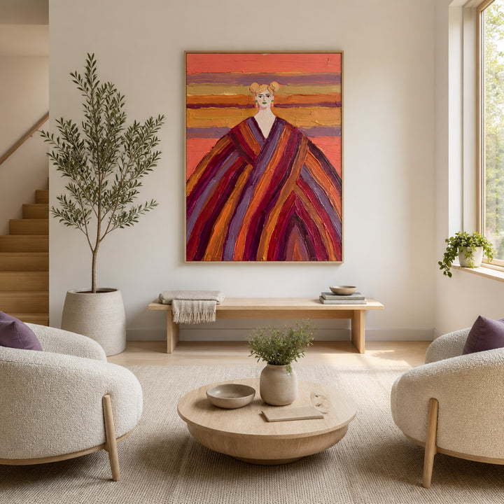 Room mockup featuring Woman in Bold Stripes Art Print