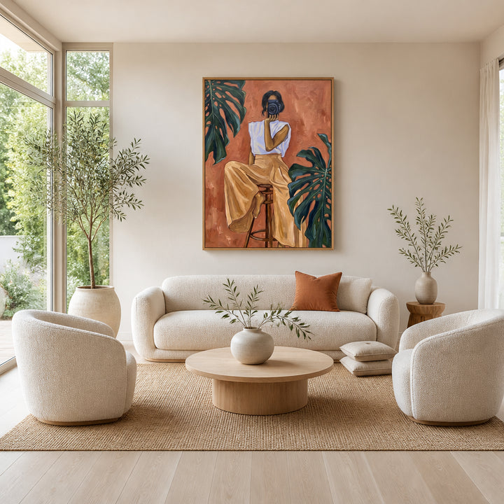 Room mockup featuring Woman with Camera and Monstera Art Print