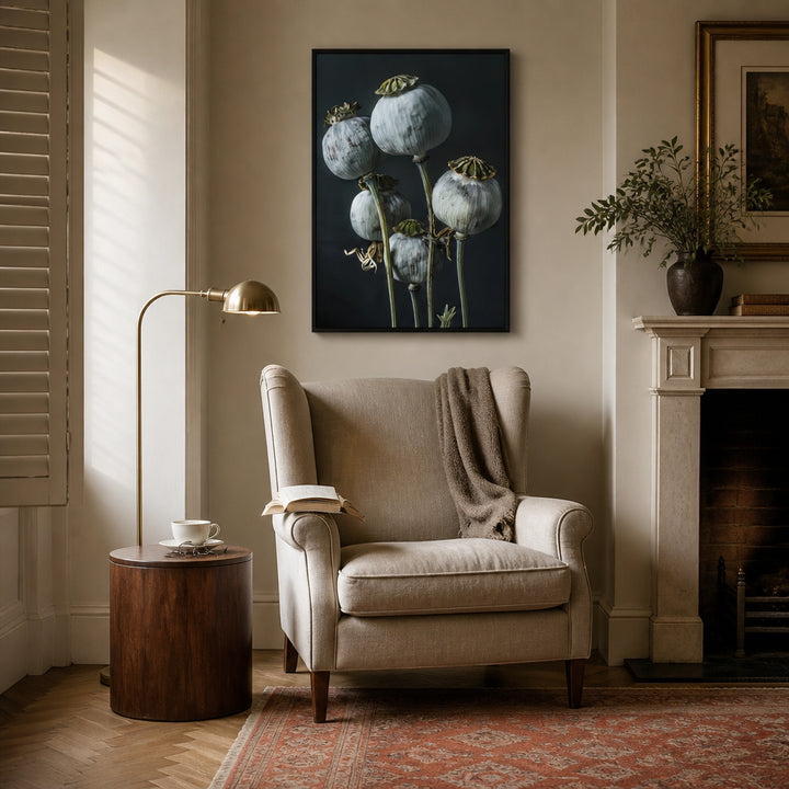 Room mockup featuring Elegant Poppy Pods Photo Print