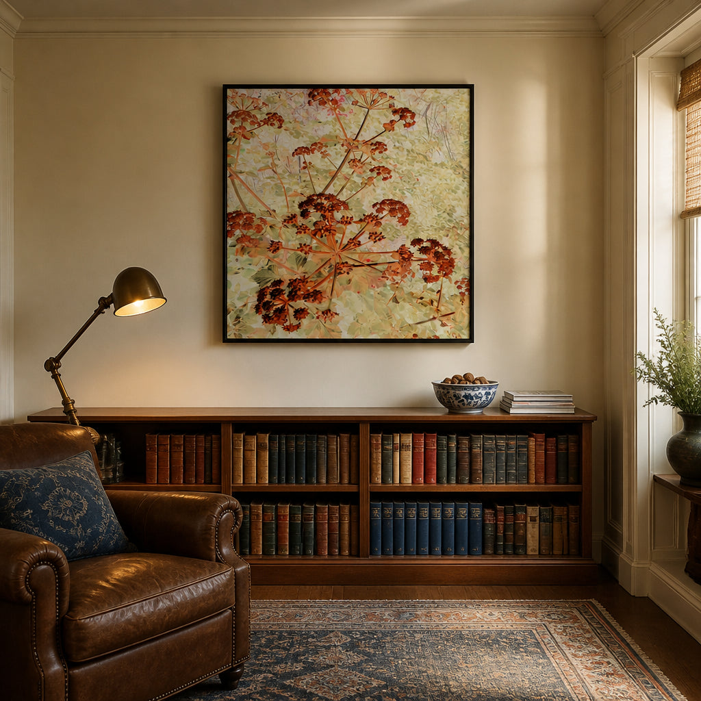 Room mockup featuring Ethereal Orange Blooms Art Print