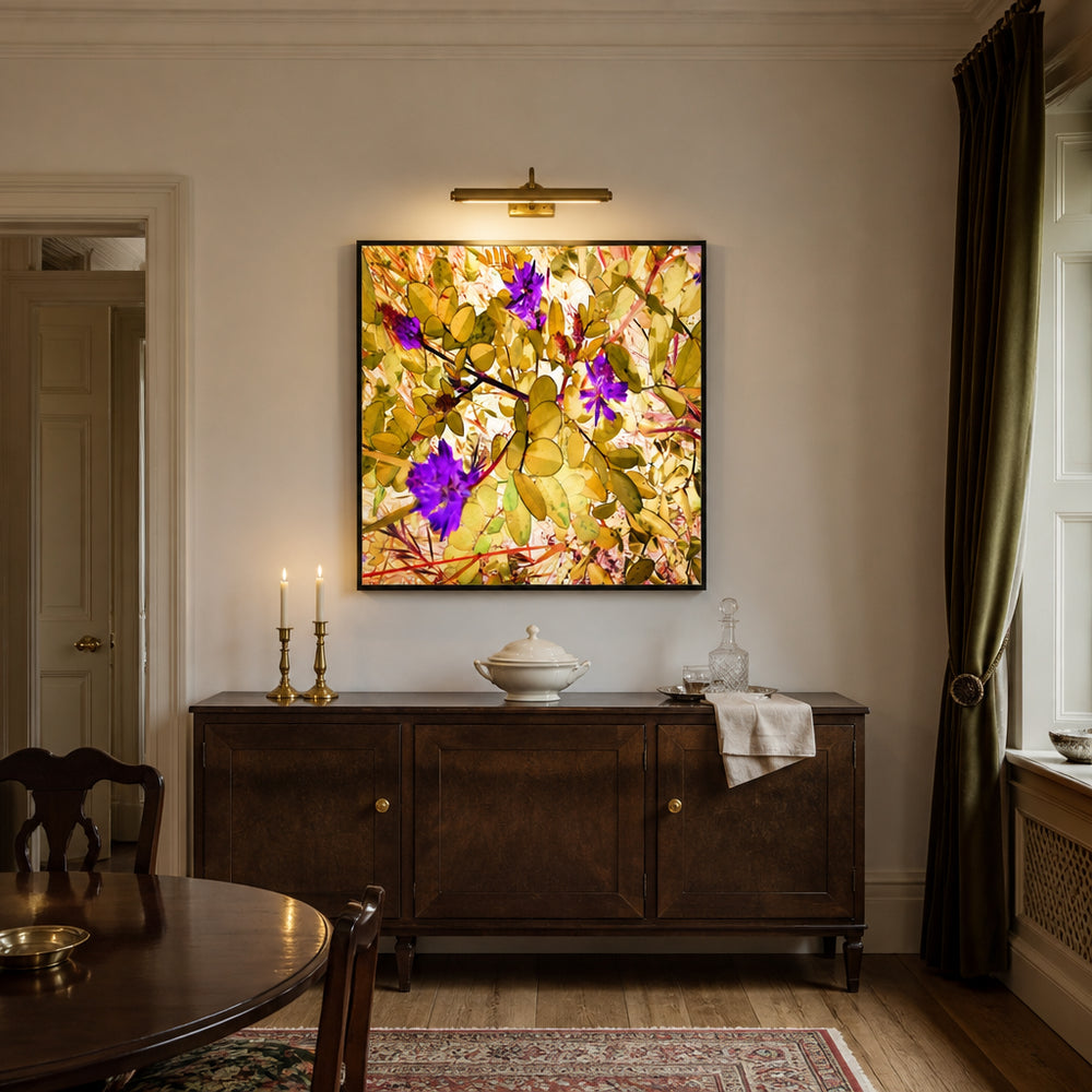 Room mockup featuring Golden Leaves Purple Flowers Art Print