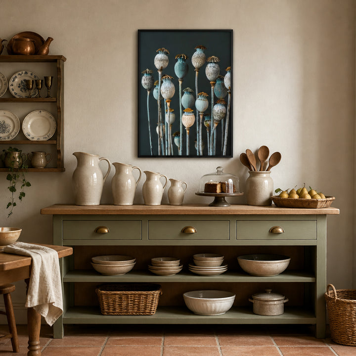 Room mockup featuring Muted Poppy Seed Heads Art Print