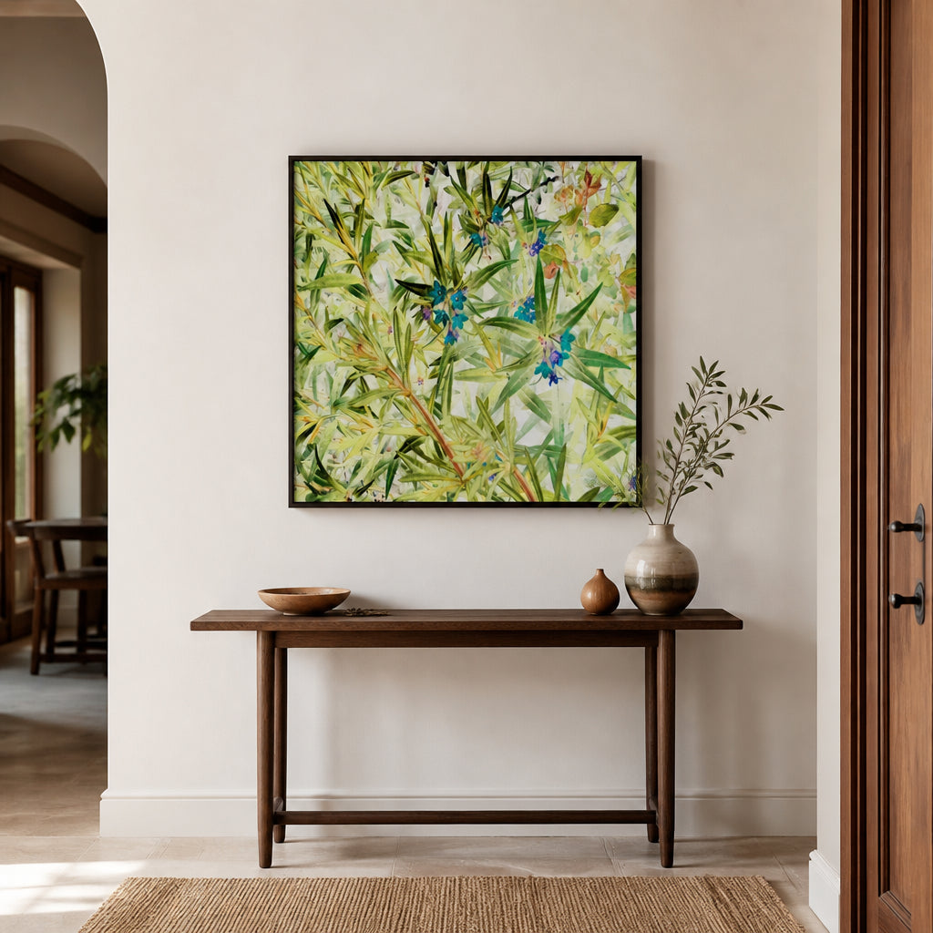Room mockup featuring Vibrant Blue Blossoms Art Print