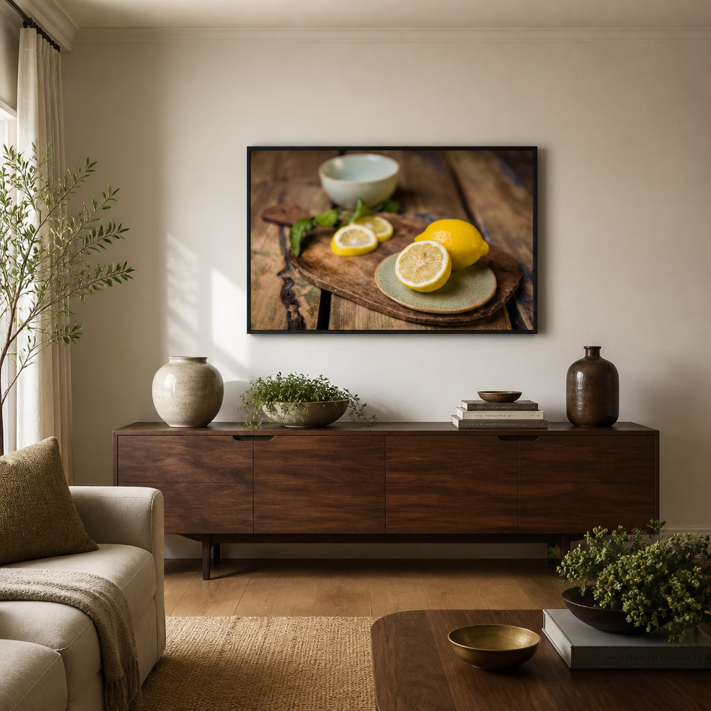 Fresh Sliced Lemons Photo Print shown in a styled room