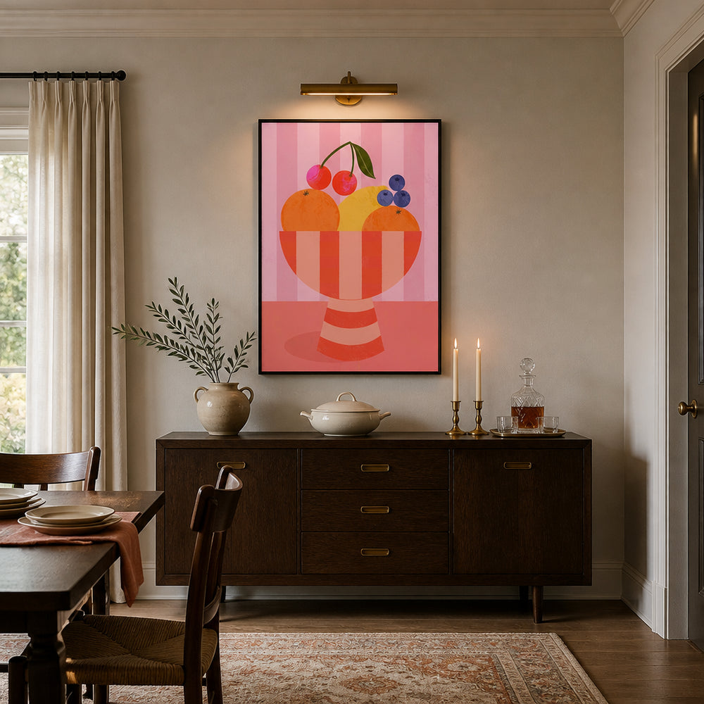 Room mockup featuring Fruit in Striped Bowl Art Print