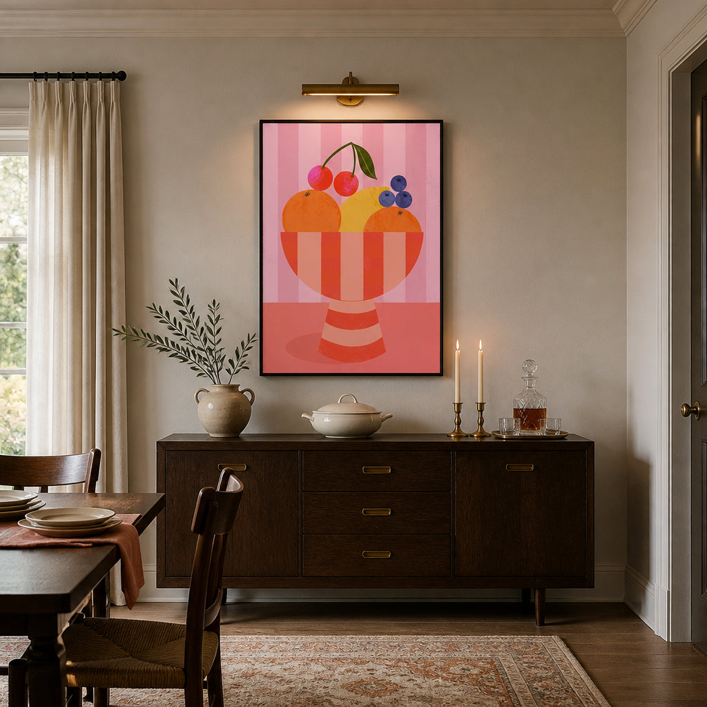 Room mockup featuring Fruit in Striped Bowl Art Print