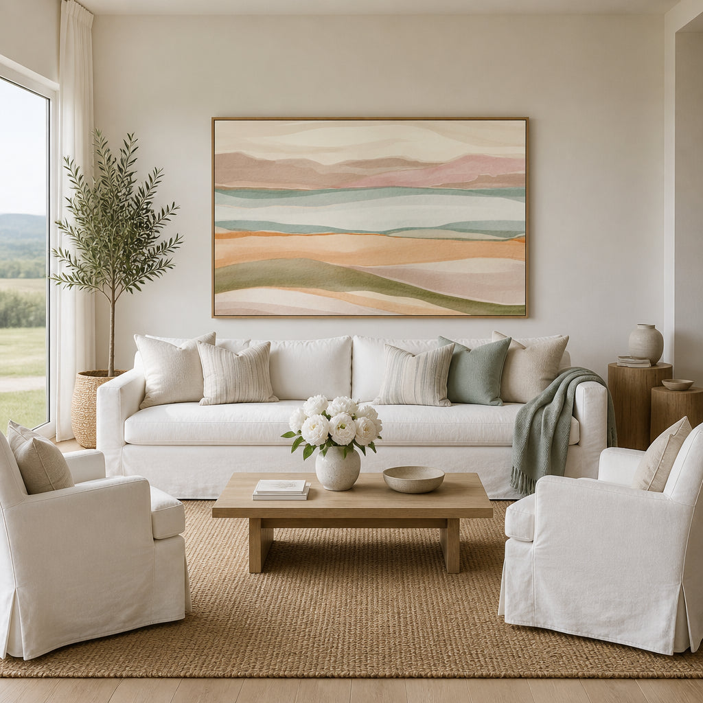 Room mockup featuring Blush and Sage Horizon Bands Art Print