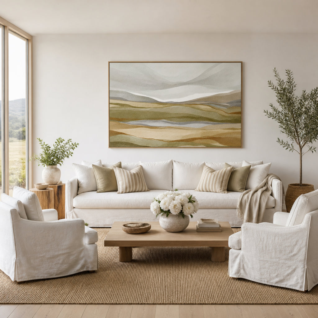 Room mockup featuring Grey Sky Over Olive Hills Art Print