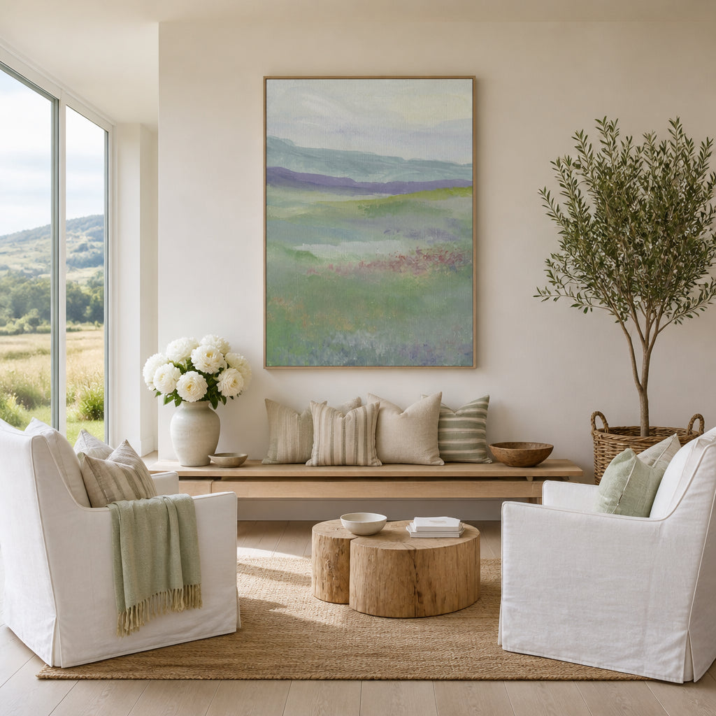 Room mockup featuring Misty Hillside Fields Art Print