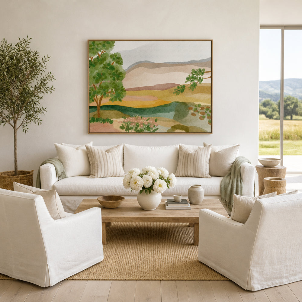 Room mockup featuring Peaceful Valley View Art Print