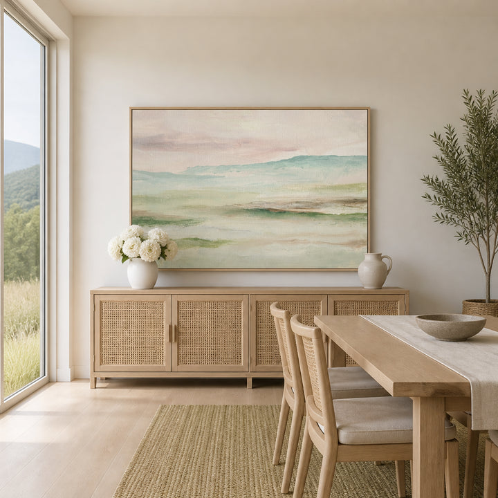 Room mockup featuring Sage Meadow Under Blush Sky Art Print