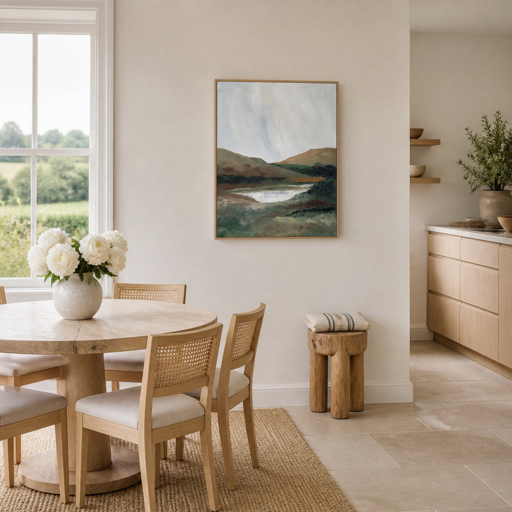 Room mockup featuring Serene Mountain Lake Art Print