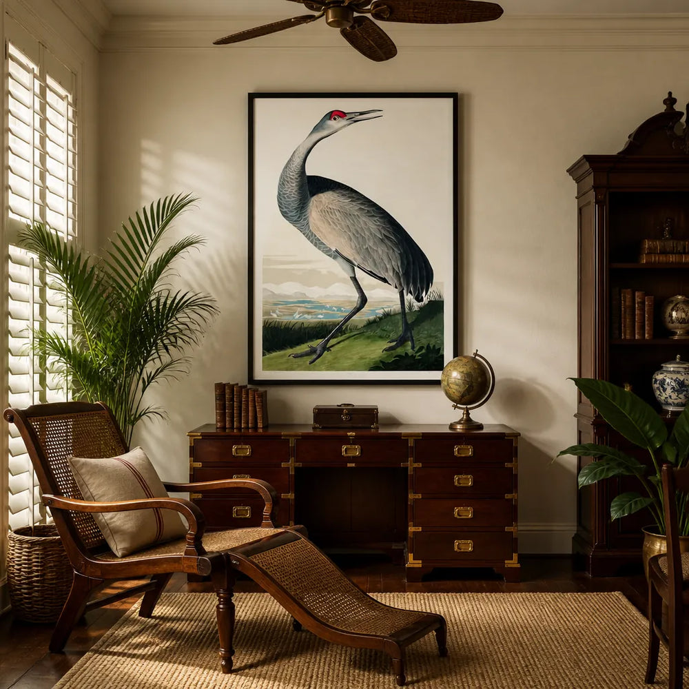 Room mockup featuring Hooping Crane 2 by John James Audubon Art Print