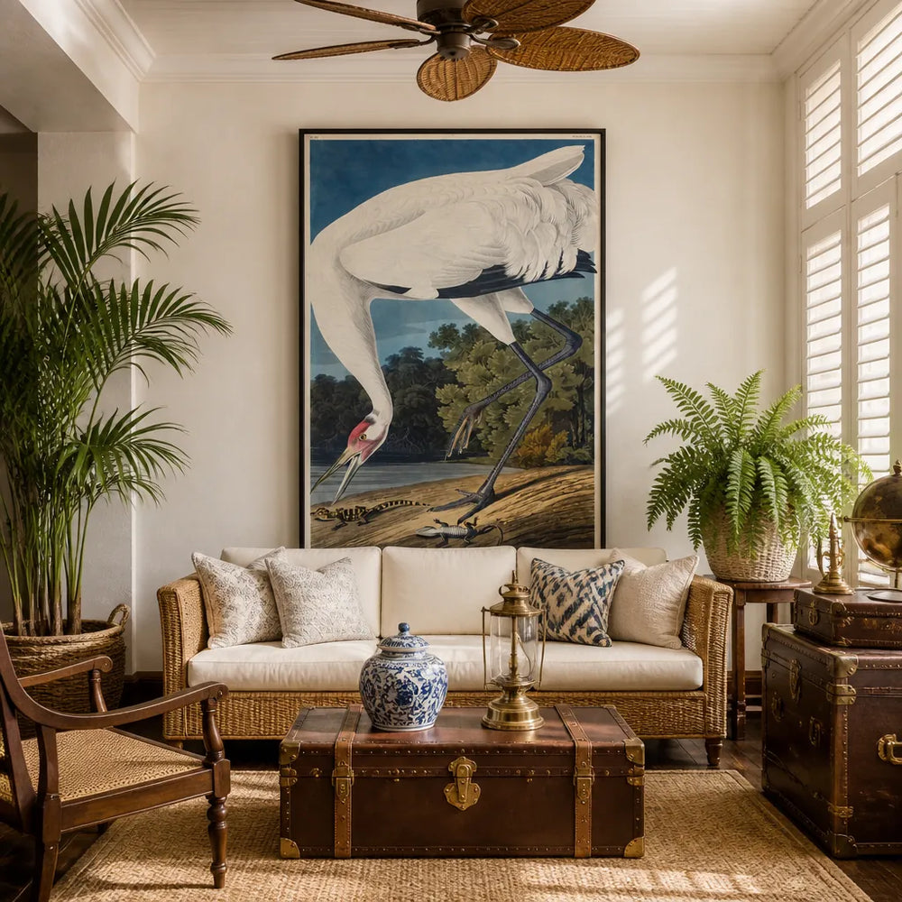 Room mockup featuring Hooping Crane by John James Audubon Art Print