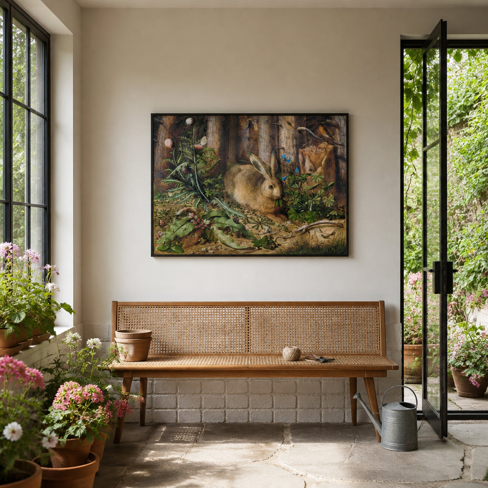 Room mockup featuring A Hare in the Forest Vintage Animal Art Print