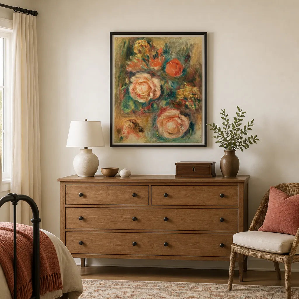 Room mockup featuring Bouquet of Roses by Renoir Still Life Vintage Art Print