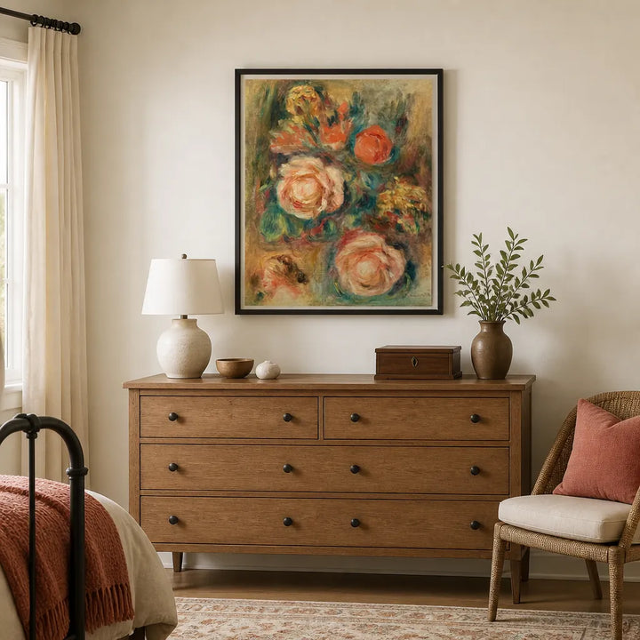 Room mockup featuring Bouquet of Roses by Renoir Still Life Vintage Art Print