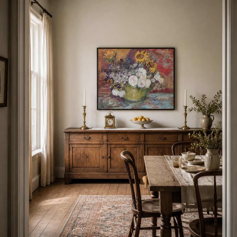 Room mockup featuring Bowl of Sunflowers & Roses Still Life Art Print