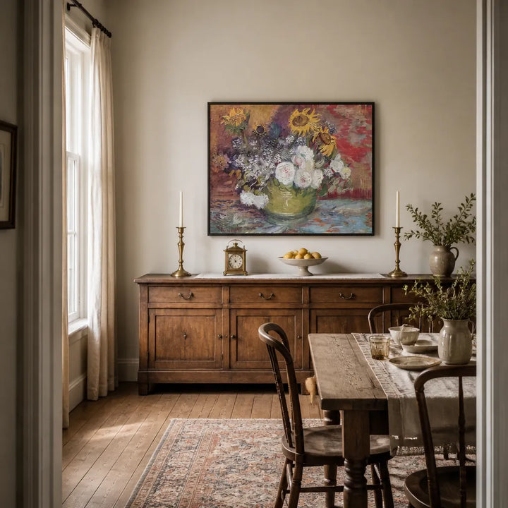 Room mockup featuring Bowl of Sunflowers & Roses Still Life Art Print