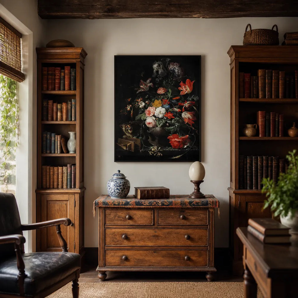 Room mockup featuring The Overturned Bouquet by Adraham Mignon