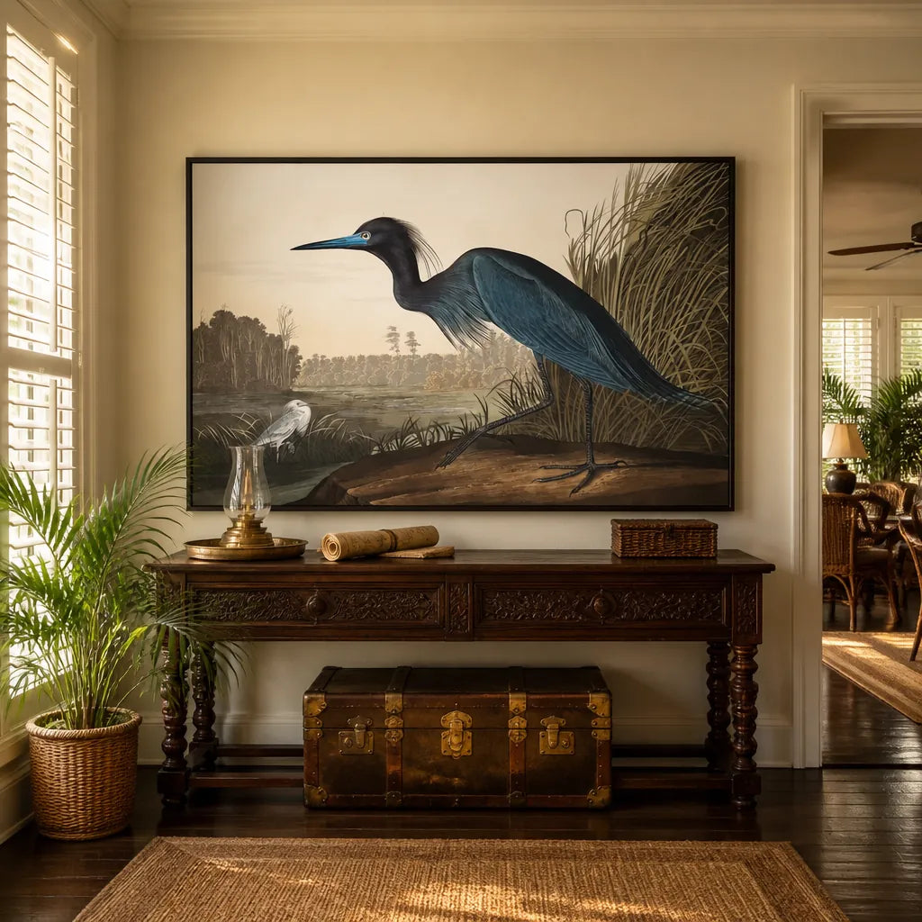 Room mockup featuring Blue Crane by John James Audubon Vintage Art Print