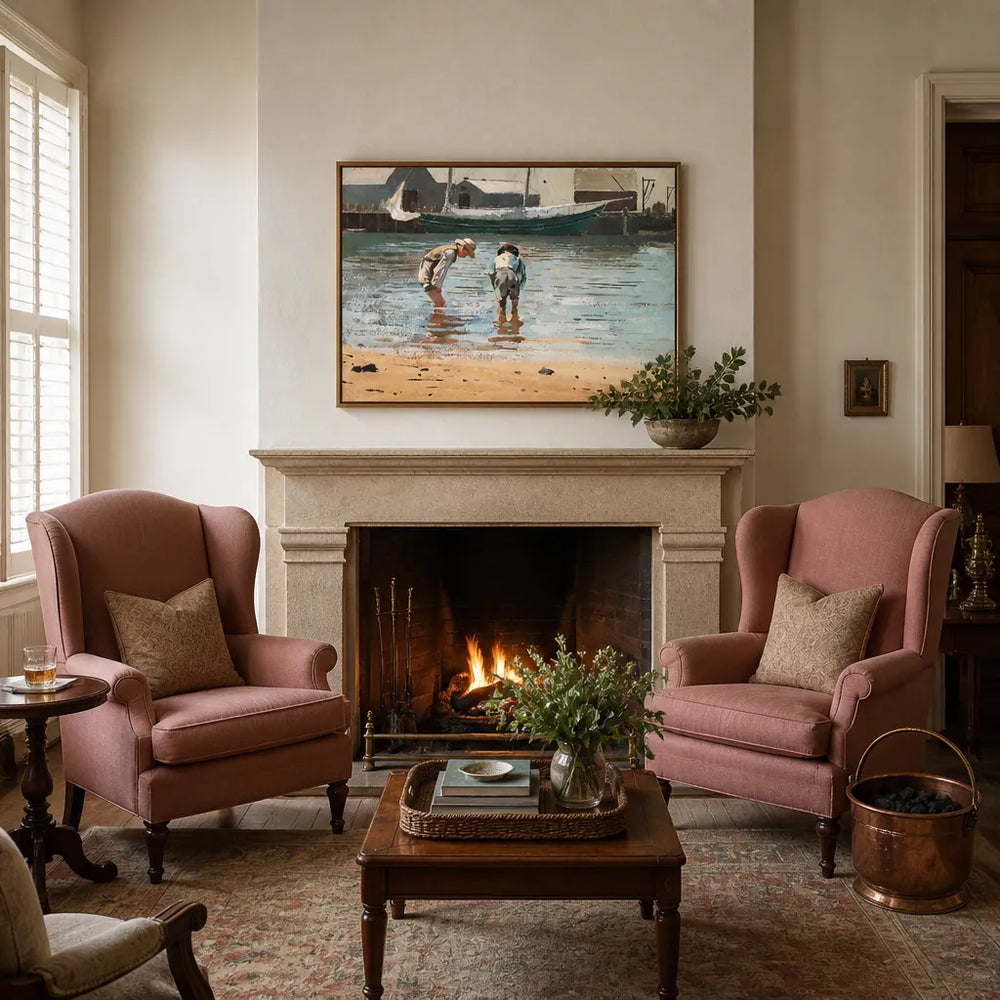 Room mockup featuring Boys Wading by Winslow Homer Coastal Art Print