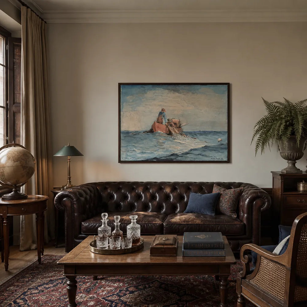 Room mockup featuring Hauling in The Nets by Winslow Homer Coastal Wall Art Print