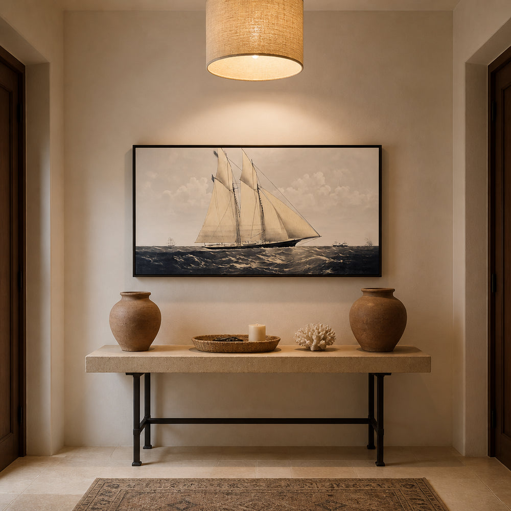 Room mockup featuring R.T.Y.C. Schr. Cambria Coastal Art Print