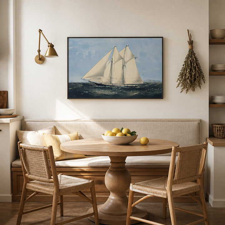 Room mockup featuring The Yacht Sappho of New York Coastal Art Print