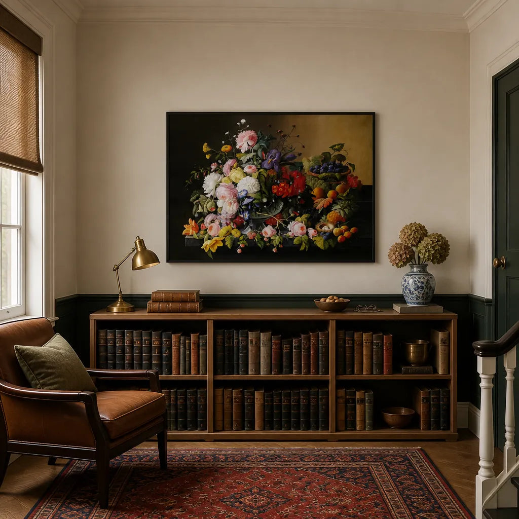 Room mockup featuring Fruit & Flowers by Severin Roesen Still Life Wall Art Print