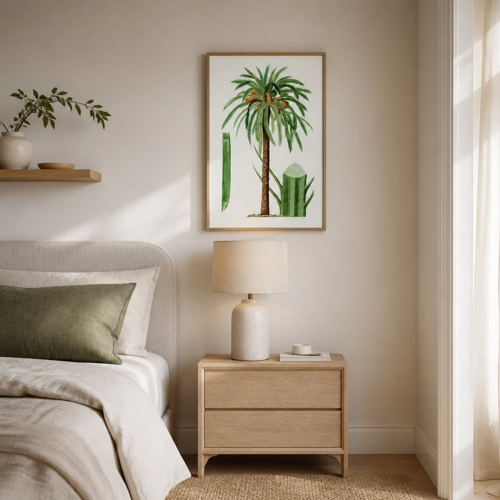 Room mockup featuring Vintage Date & Fan Palm Art Print Pair